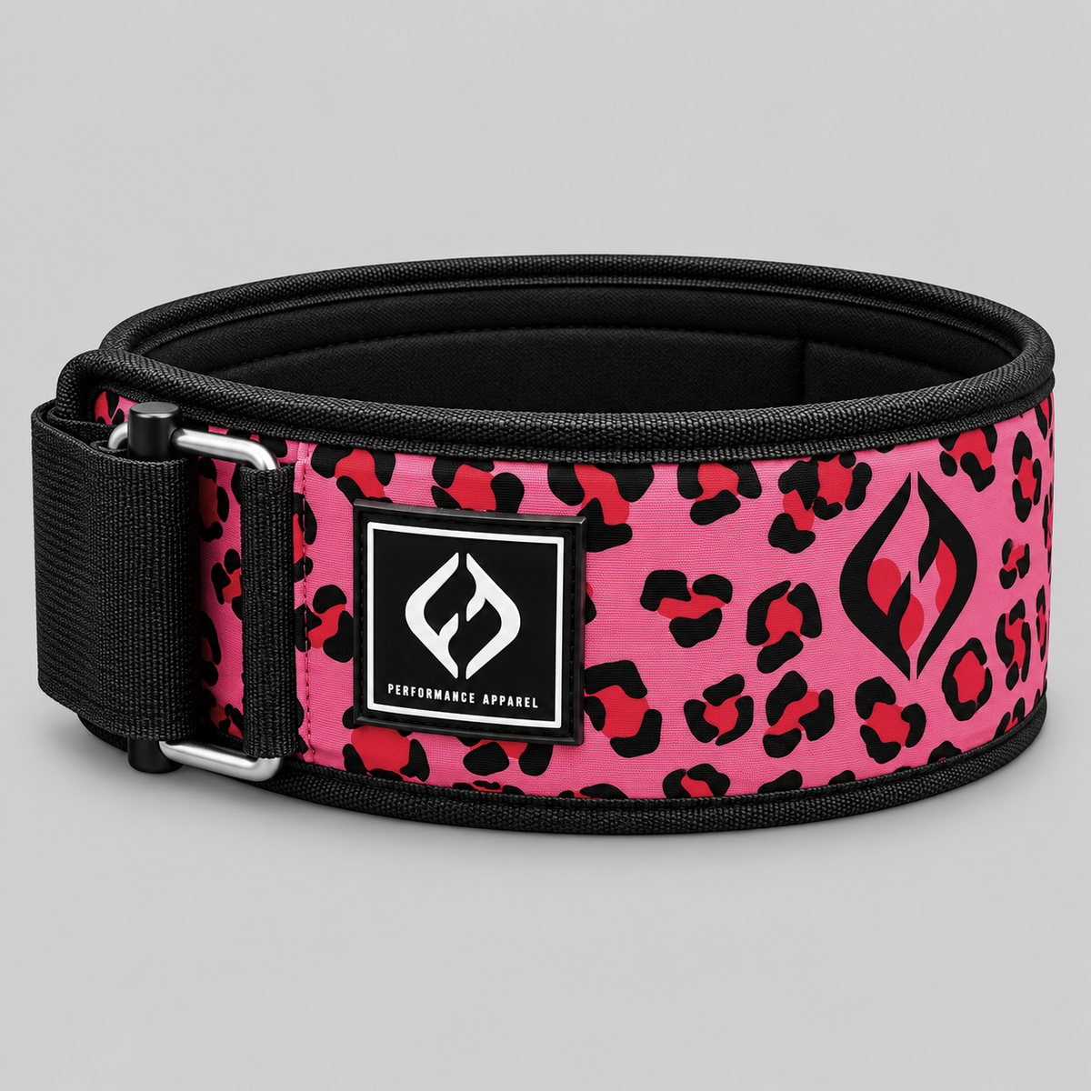 HYBRYD pink leopard print weightlifting belt with black trim, padded support and adjustable fastening for CrossFit and strength training.