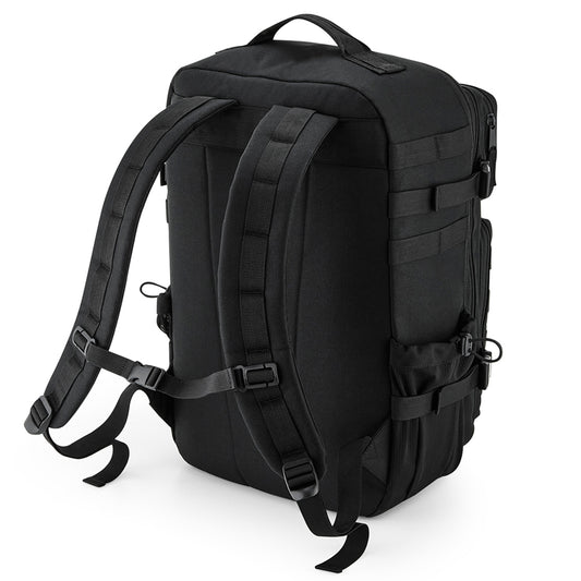 HYBRYD black tactical gym backpack rear view with padded shoulder straps