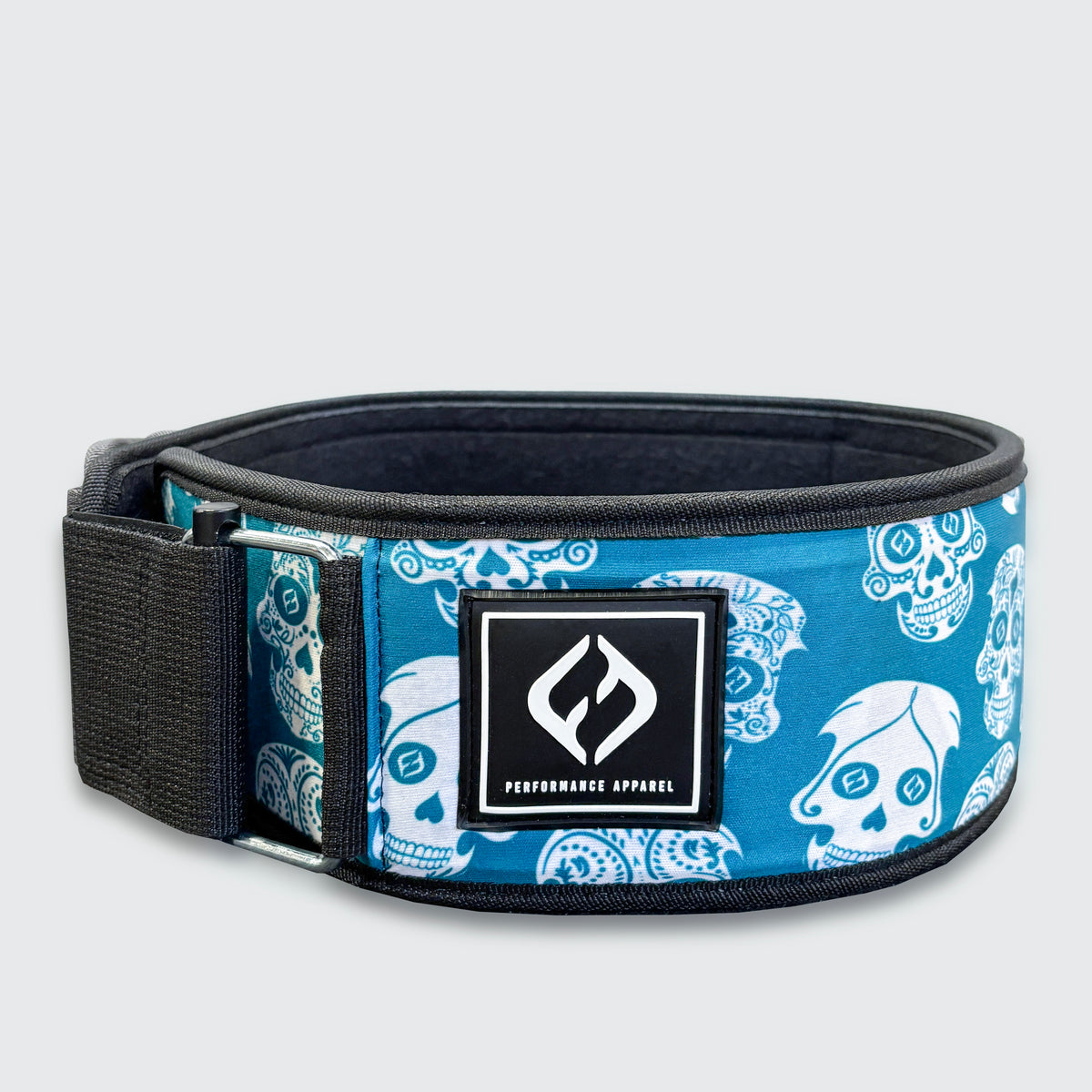 Blue weightlifting belt with skull design with HYBRYD logo