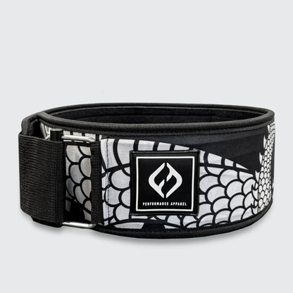 Black and white dragon patterned belt for weight lifting