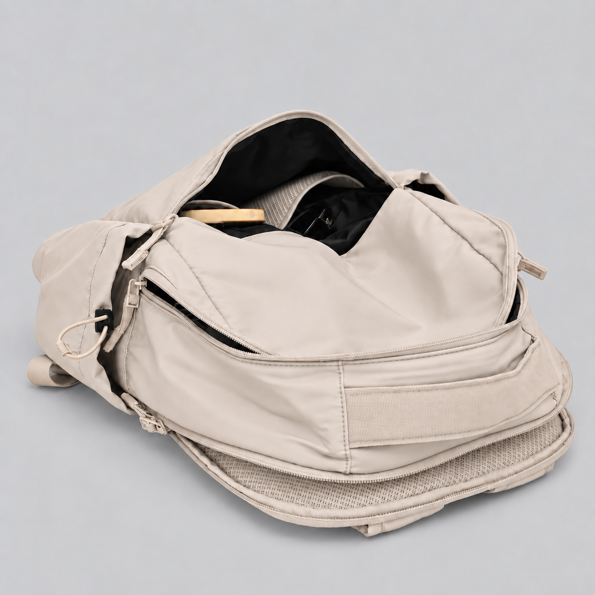 HYBRYD Atlas Backpack Natural Stone open front compartment