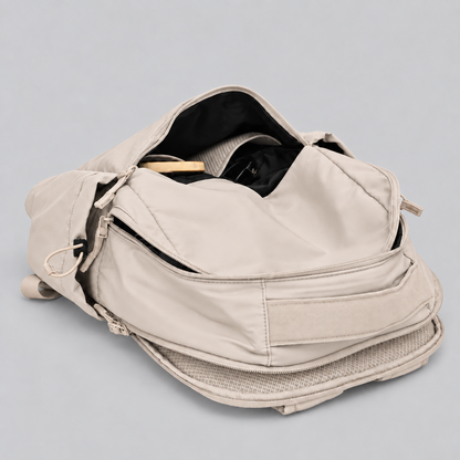 HYBRYD Atlas Backpack Natural Stone open front compartment