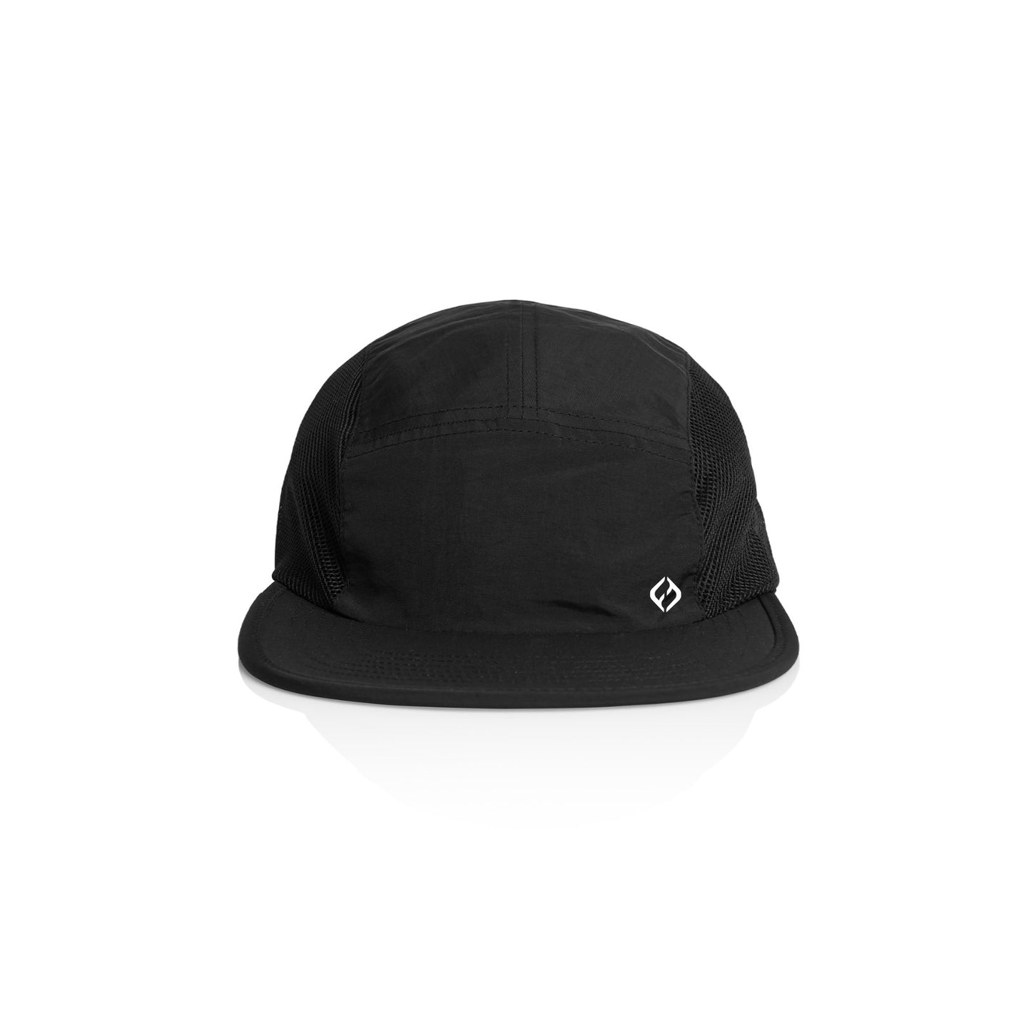 A black 5-panel camp cap with a small white Hybryd logo on the side, displayed against a clean white background.