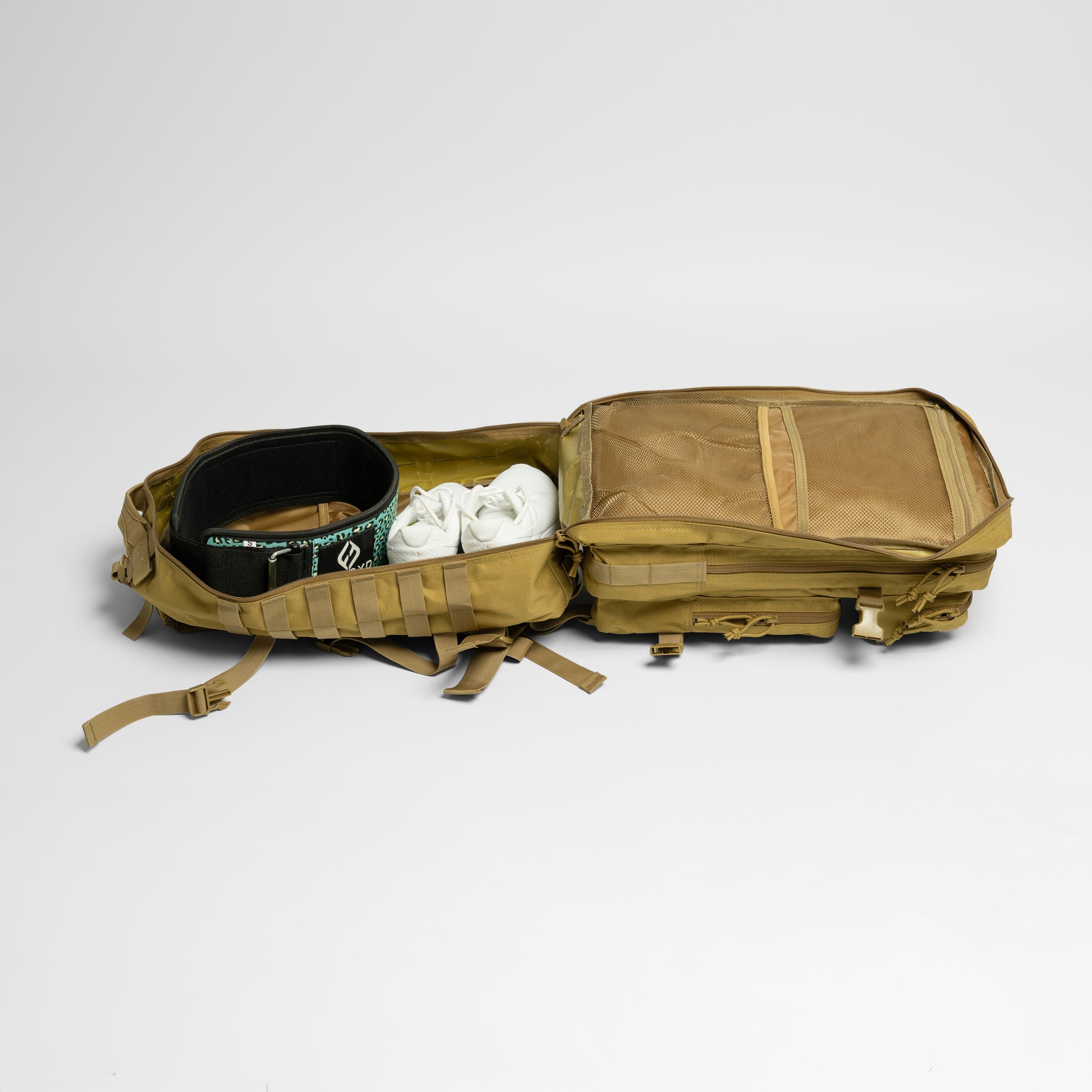 Open tan backpack gym bag