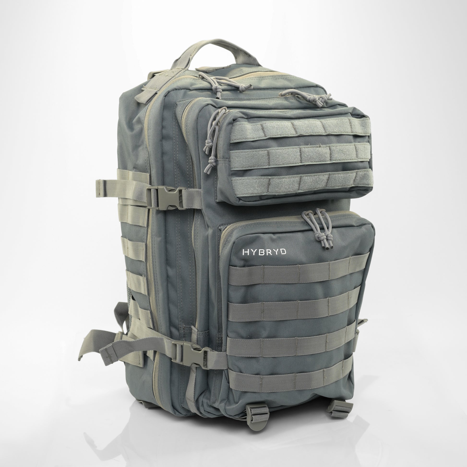 Grey tactical military backpack with velcro patch