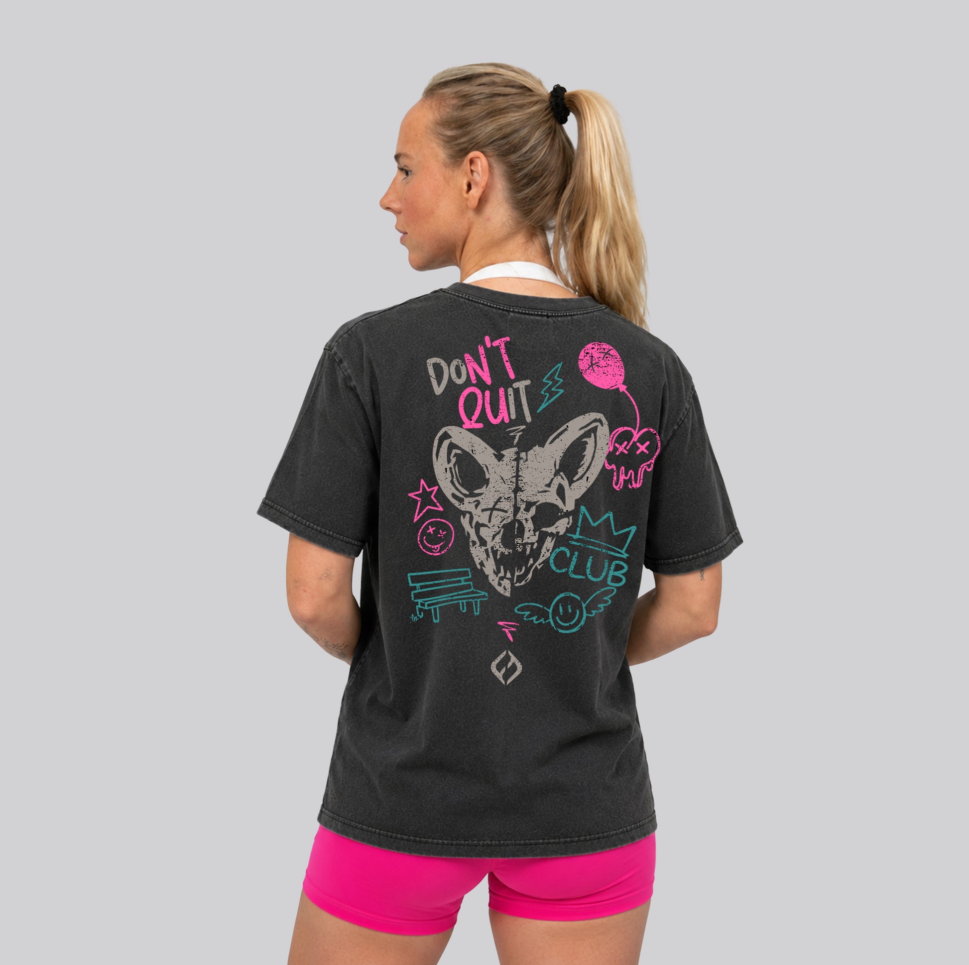 Woman Wearing Washed Black Crossfit moto T-shirt_Dont Quit_ Back View - By Hybyrd