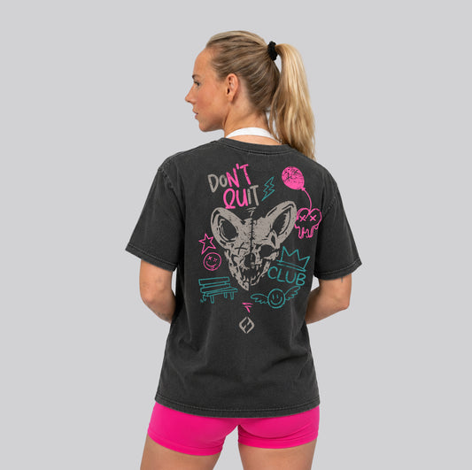 Woman Wearing Washed Black Crossfit moto T-shirt_Dont Quit_ Back View - By Hybyrd
