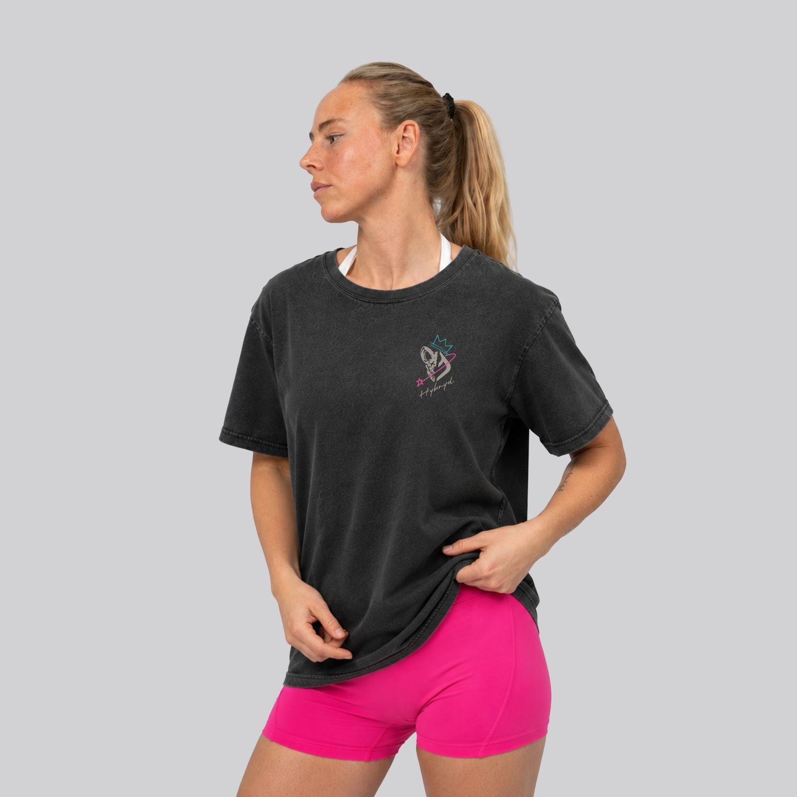 Woman Wearing Washed Black Crossfit moto T-shirt_Dont Quit_ Front View - By Hybyrd