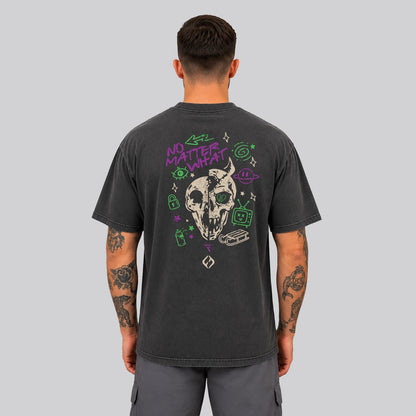 Man Wearing Washed Black Crossfit moto T-shirt_Built For More _Back View - By Hybyrd