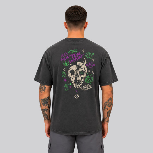 Man Wearing Washed Black Crossfit moto T-shirt_Built For More _Back View - By Hybyrd