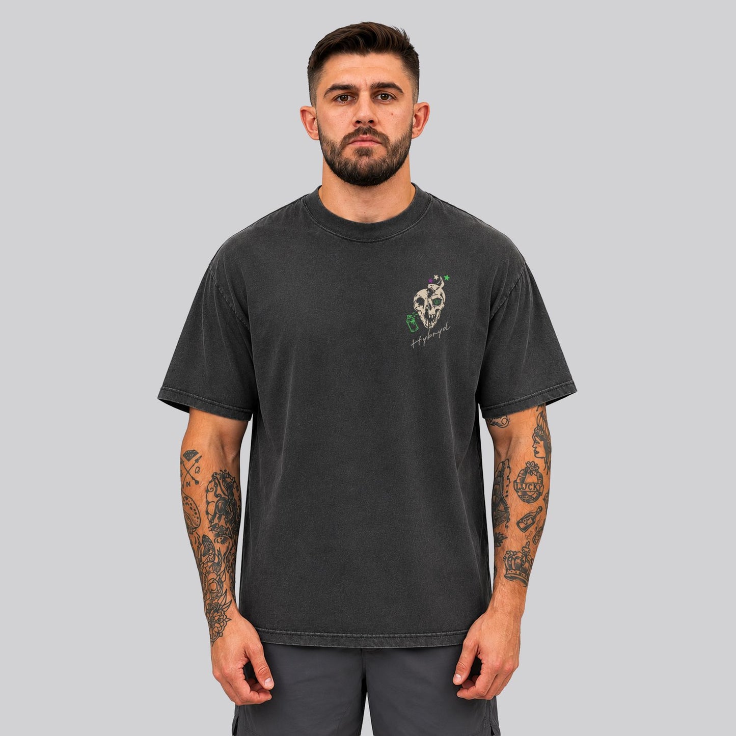 Man Wearing Washed Black Crossfit moto T-shirt_No MAtter What_ Front View - By Hybyrd