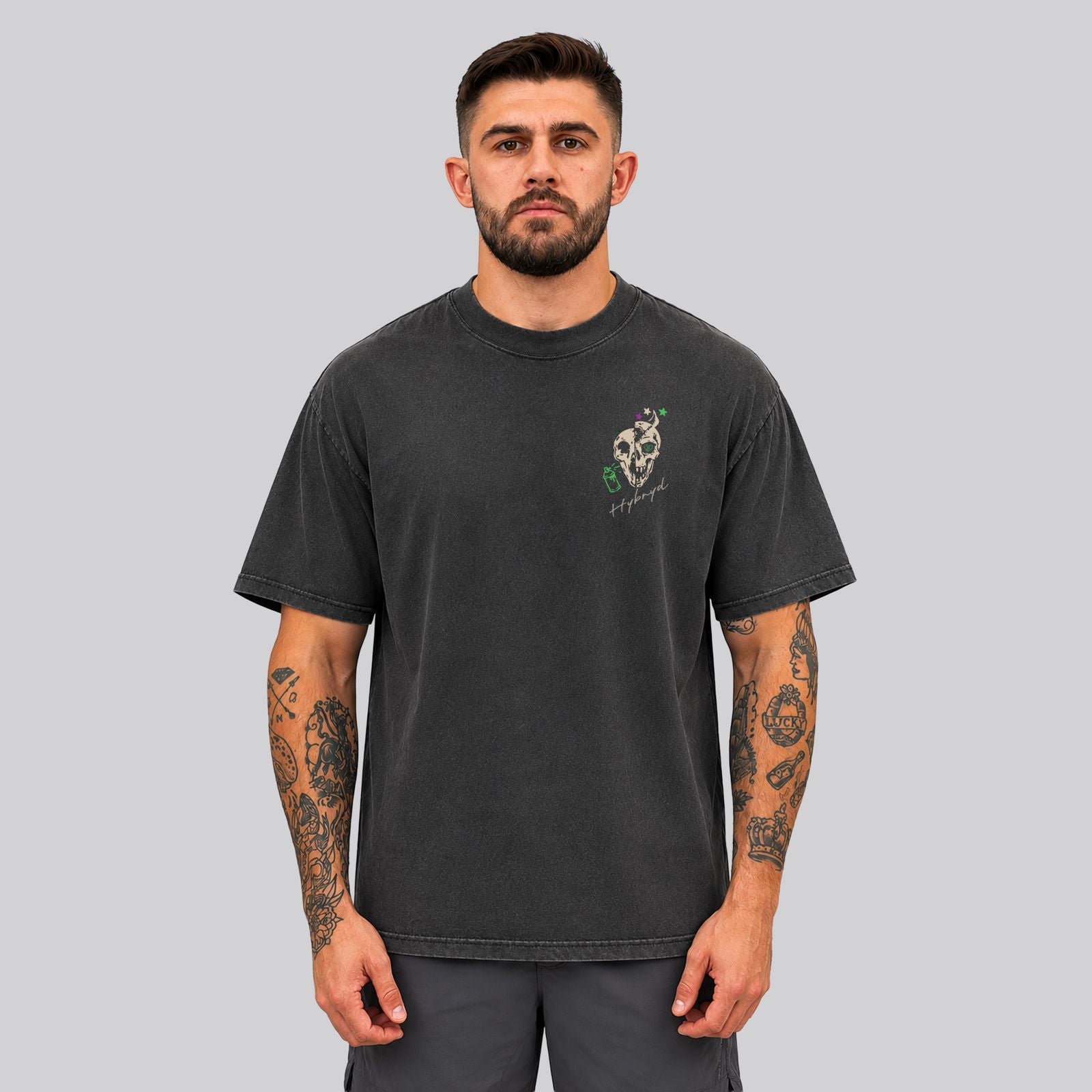 Man Wearing Washed Black Crossfit moto T-shirt_No MAtter What_ Front View - By Hybyrd
