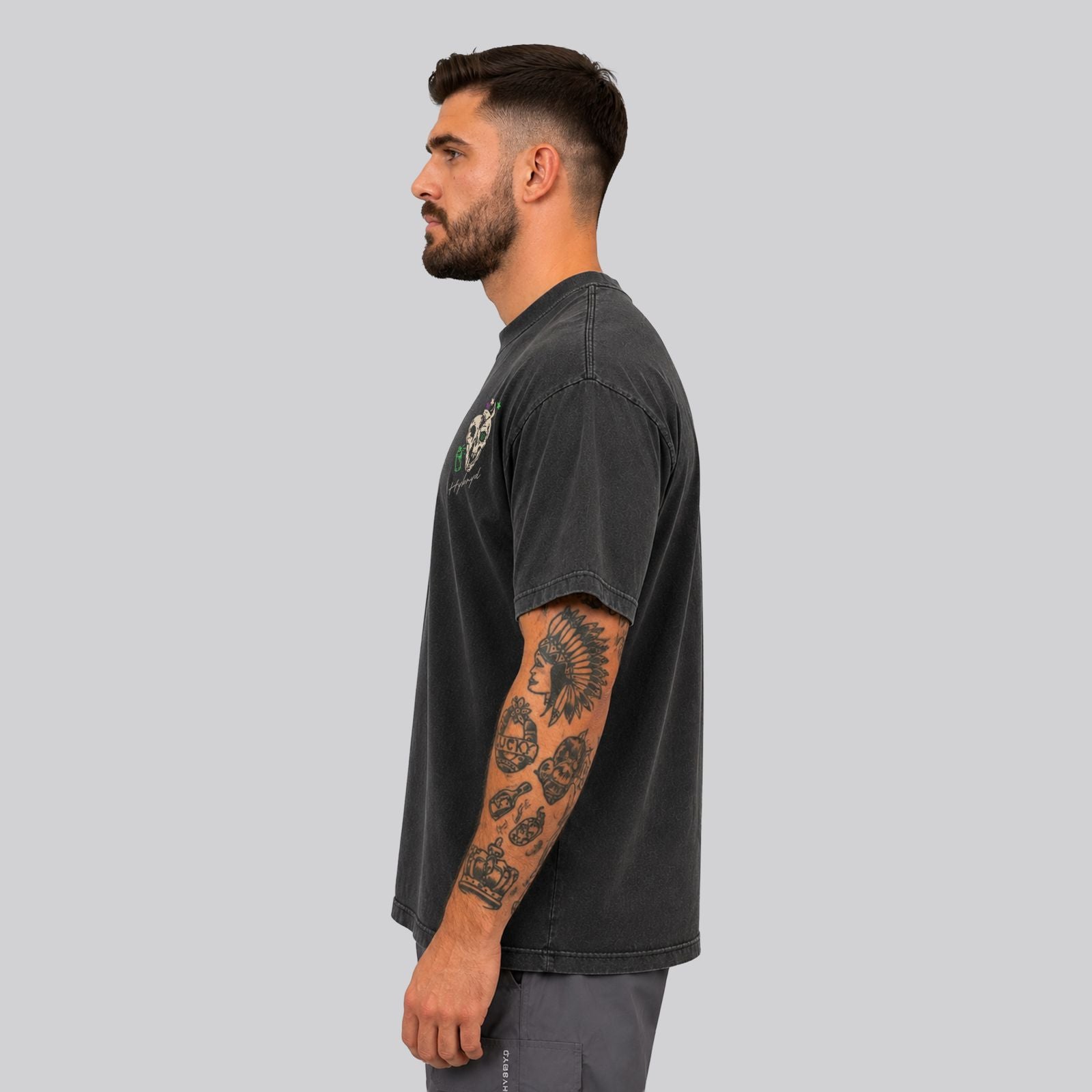 Man Wearing Washed Black Crossfit moto T-shirt_No MAtter What_ Side View - By Hybyrd