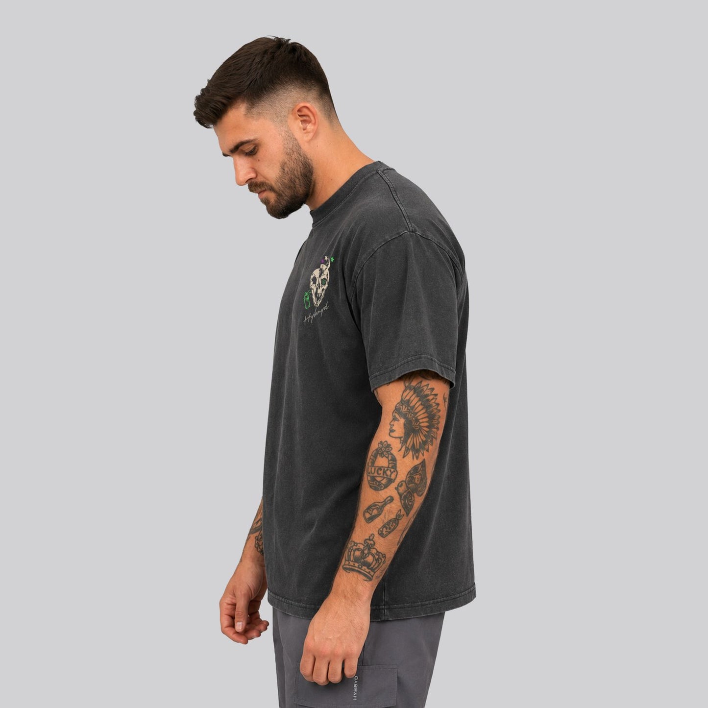 Man Wearing Washed Black Crossfit moto T-shirt_No MAtter What_ Side View2 - By Hybyrd