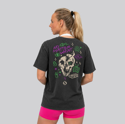 Woman Wearing Washed Black Crossfit moto T-shirt_No Matter What_ Back View - By Hybyrd
