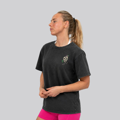 Woman Wearing Washed Black Crossfit moto T-shirt_No MAtter What_ Front View - By Hybyrd