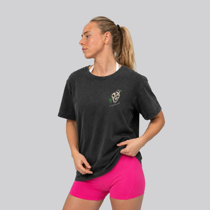 Woman Wearing Washed Black Crossfit moto T-shirt_No Matter What_ Front View - By Hybyrd