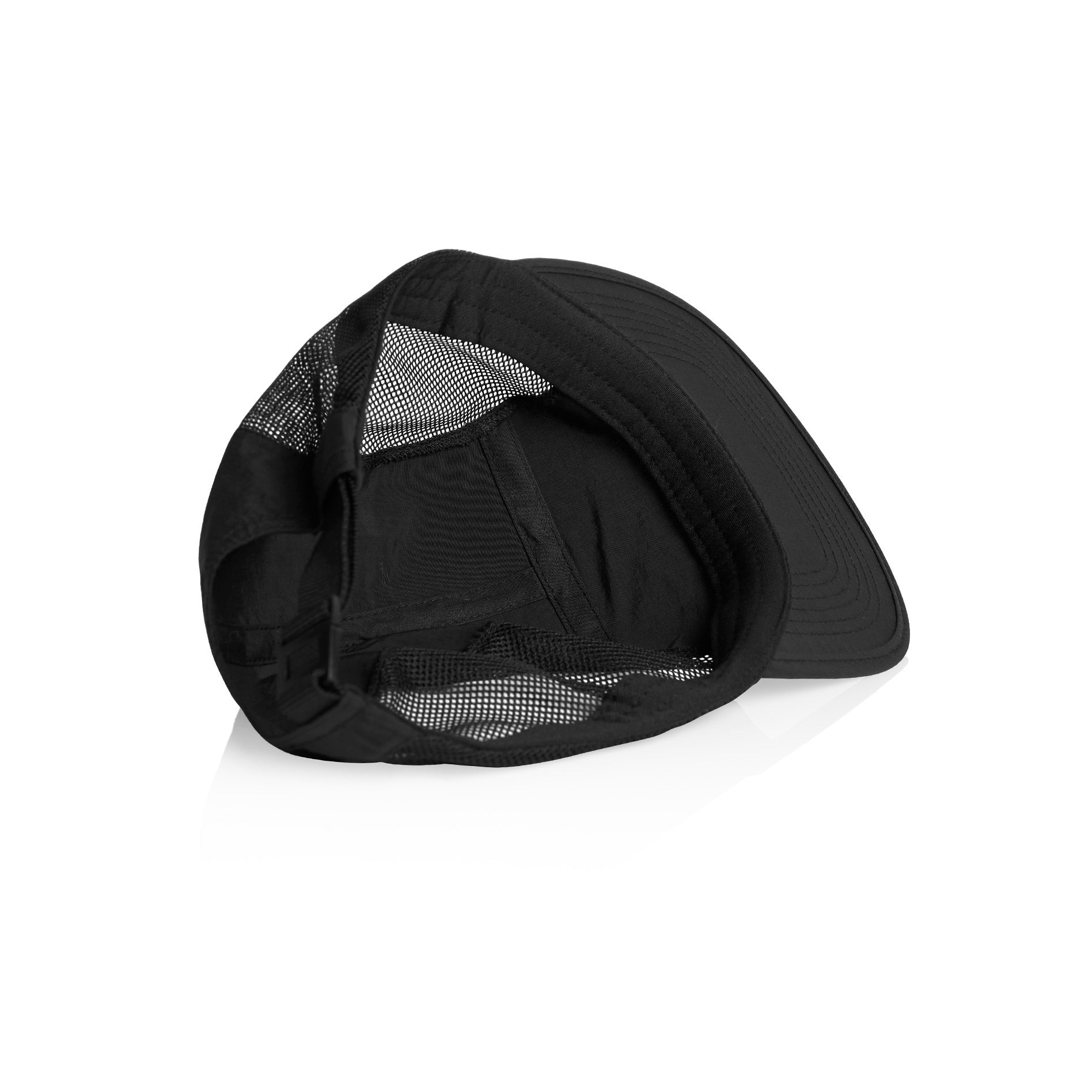 Black Hybryd run cap with a black mesh back, shown from a side angle on a white background.