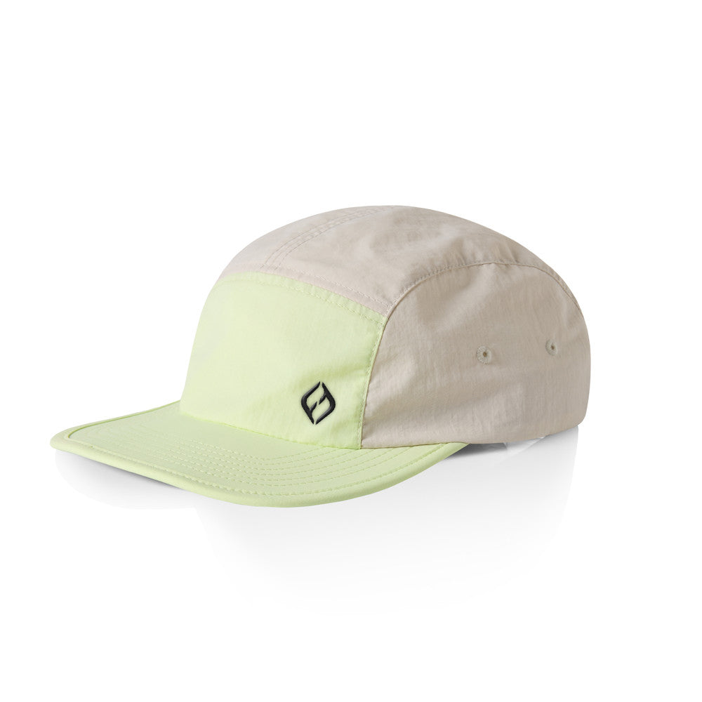 A two-tone 5 panel run cap with a flat peak, featuring a Hybryd logo front panel and a lime green back with an embroidered logo on the front.