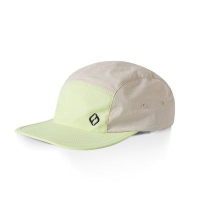 A two-tone 5 panel run cap with a flat peak, featuring a Hybryd logo front panel and a lime green back with an embroidered logo on the front.