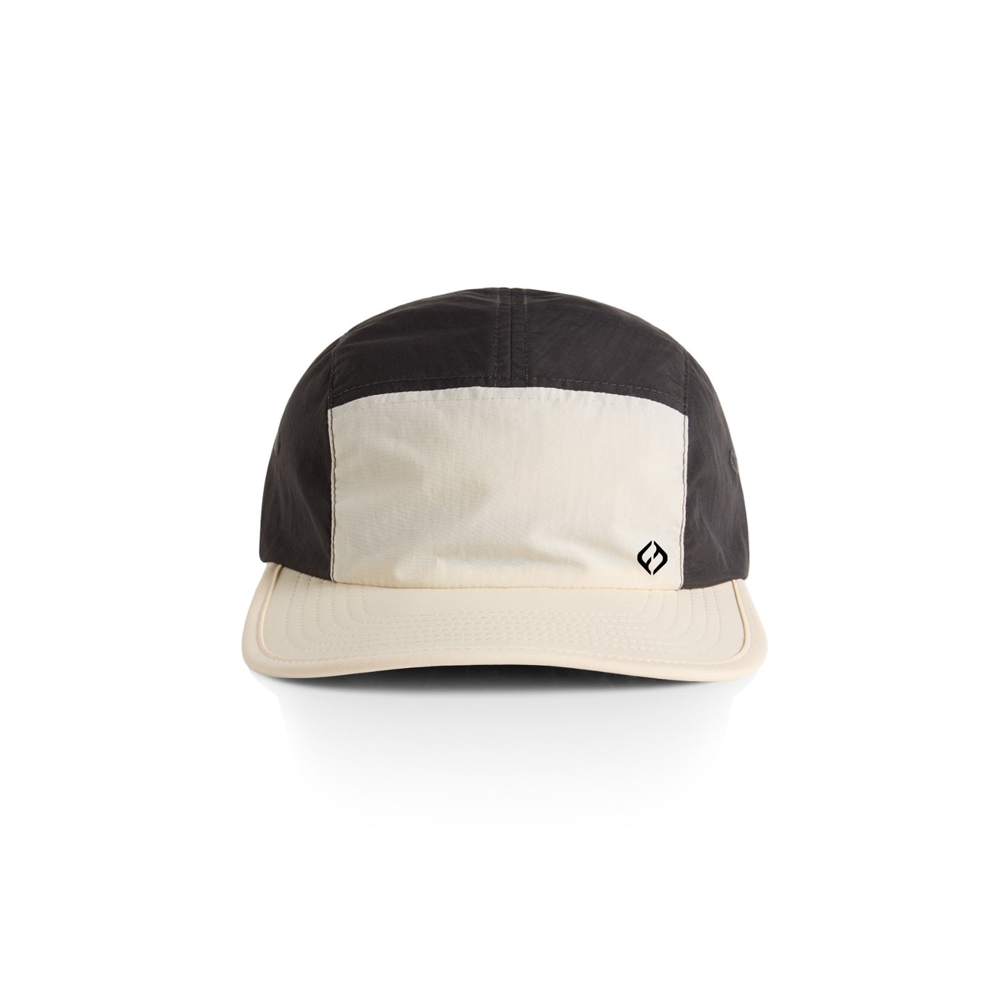 A 5-panel run cap with a black crown, a cream front panel, and a matching cream curved brim, featuring a small black Hybryd logo on the front.