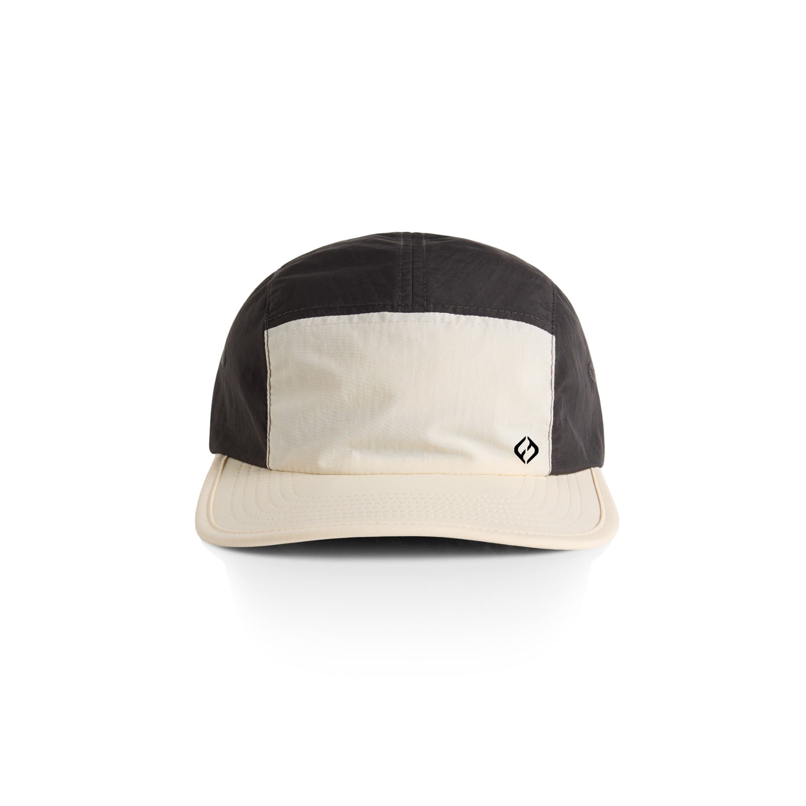 A 5-panel run cap with a black crown, a cream front panel, and a matching cream curved brim, featuring a small black Hybryd logo on the front.