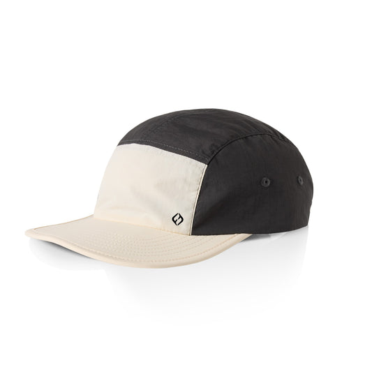  two-tone 5 panel run cap with a flat peak, featuring a Hybryd logo front panel. Clip fastener back. one size, From Hybryd