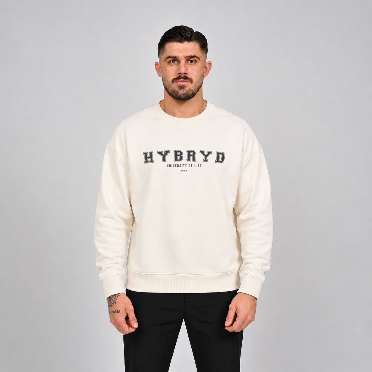 A Hybryd varsity style crew. Post gym workout wear.