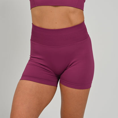 Hyrox woman wearing purple, high waisted, cinch bum workout bootie shorts with contouring. Teamed with a matching muscle back sports bra. From activewear brand Hybryd