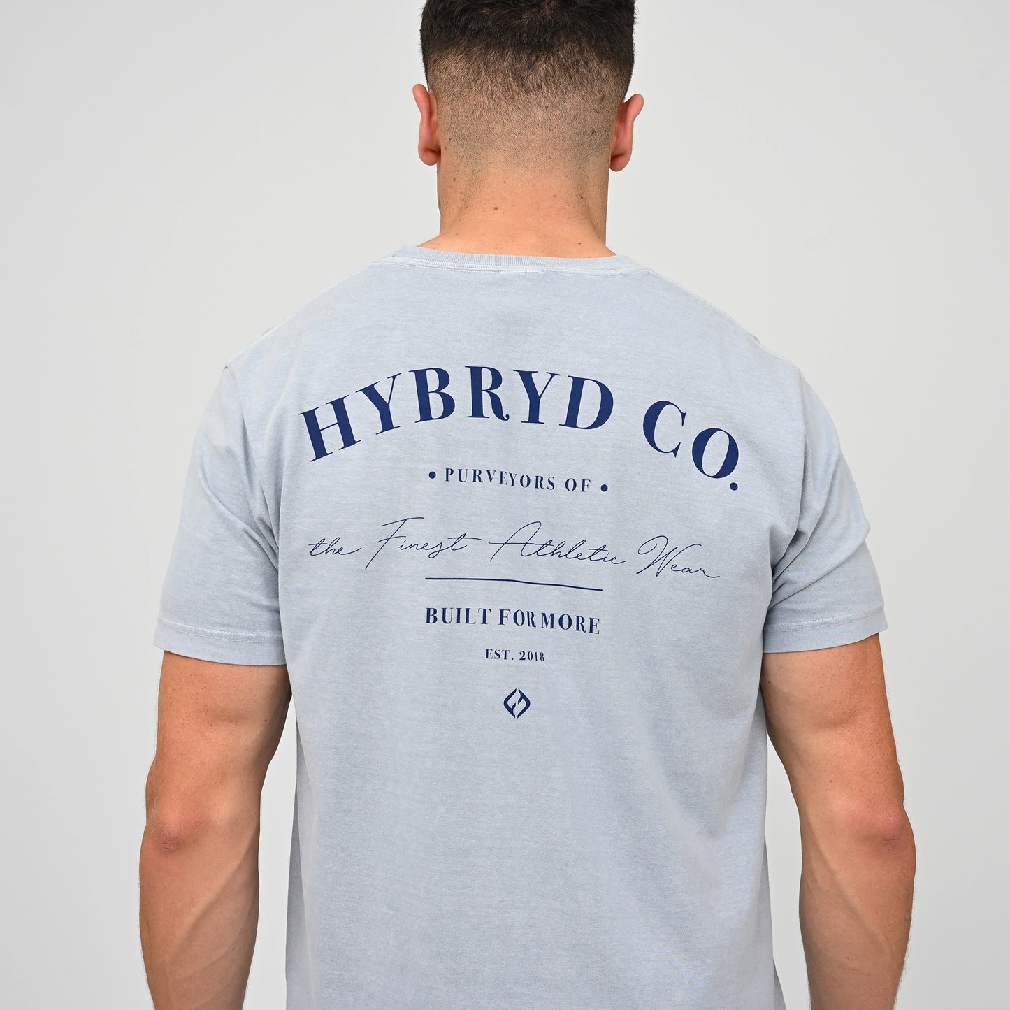 A man viewed from behind wearing a light blue Hybryd t-shirt with a navy blue graphic print on the back reading 'HYBRYD CO.' and 'PURVEYORS OF the Finest Athletic Wear BUILT FOR MORE EST. 2018. Made by gymwear brand Hybryd.