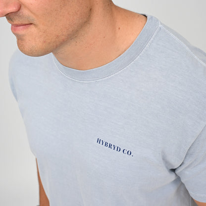 Close-up of a man wearing a light blue crewneck t-shirt with 'HYBRYD CO.' printed in navy blue on the chest, against a plain light gray background. Made by gymwear brand Hybryd.