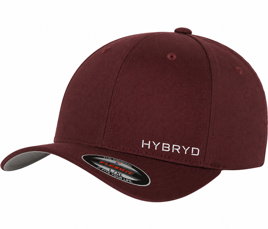 A maroon baseball cap with 'HYBRYD' embroidered in white on the front, featuring a curved brim with a black and red visor sticker and a gray underside, shown on a white background.
