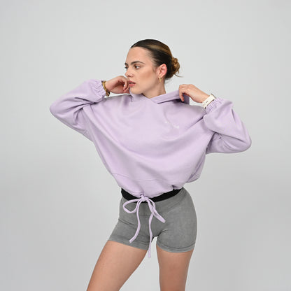 A cropped oversized hoody and grey scrunch bum booty shorts from Hybryd