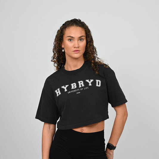Person wearing a black 'HYBRYD' cropped t-shirt on a grey background