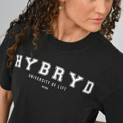 Person wearing a black t-shirt with 'HYBRYD UNIVERSITY OF LIFT' text.