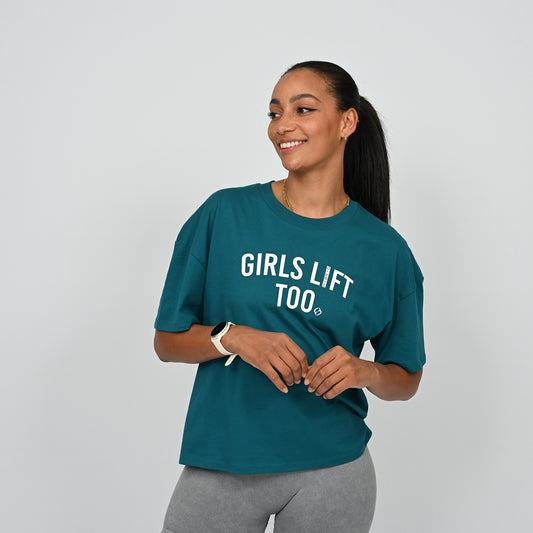 Woman wearing a teal t-shirt with 'GIRLS LIFT TOO' text on from Hybryd gymwear