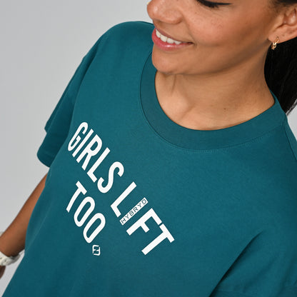 Person wearing a teal t-shirt with 'GIRLS LIFT TOO' text on from Hybryd gymwear