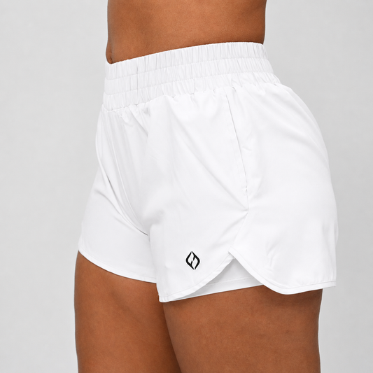 A pair of white run shorts with an inner short and pockets. An elastictic waistband. Made for running from activewear brand Hybryd.