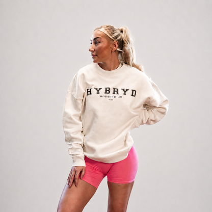 Person wearing a cream oversized 'HYBRYD' sweatshirt and pink shorts on a grey background