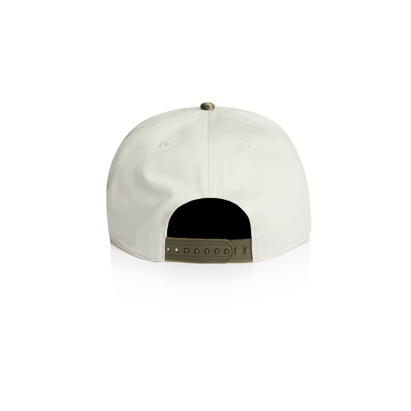 The back view of a unstructured Hybryd baseball cap in off-white, featuring a dark black curved panel at the back and a metallic olive green snap closure.