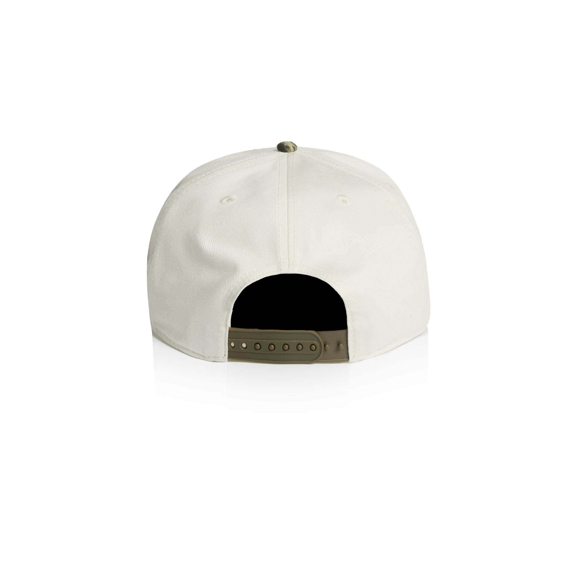 The back view of a unstructured Hybryd baseball cap in off-white, featuring a dark black curved panel at the back and a metallic olive green snap closure.