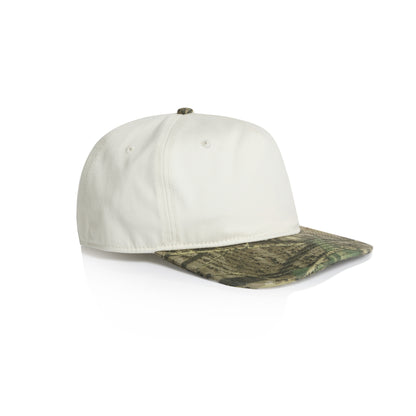 White Hybryd cap with a camouflage visor on a white background