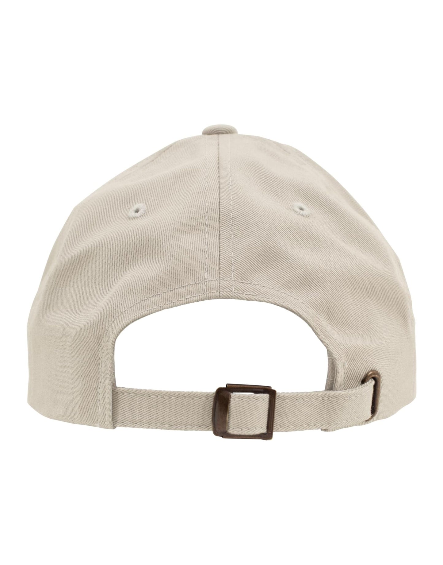 Beige baseball cap with metal buckle on a white background