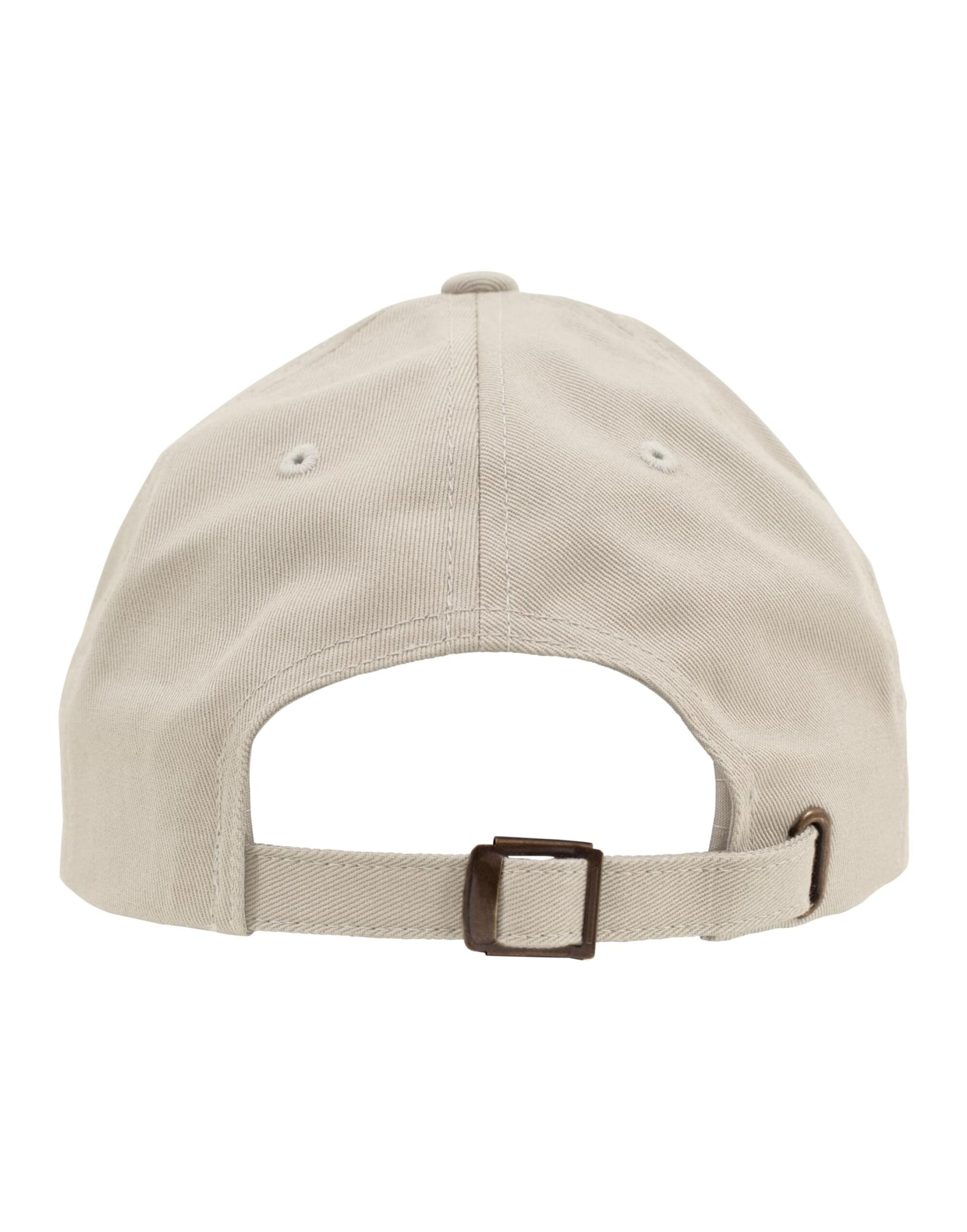 Beige baseball cap with metal buckle on a white background