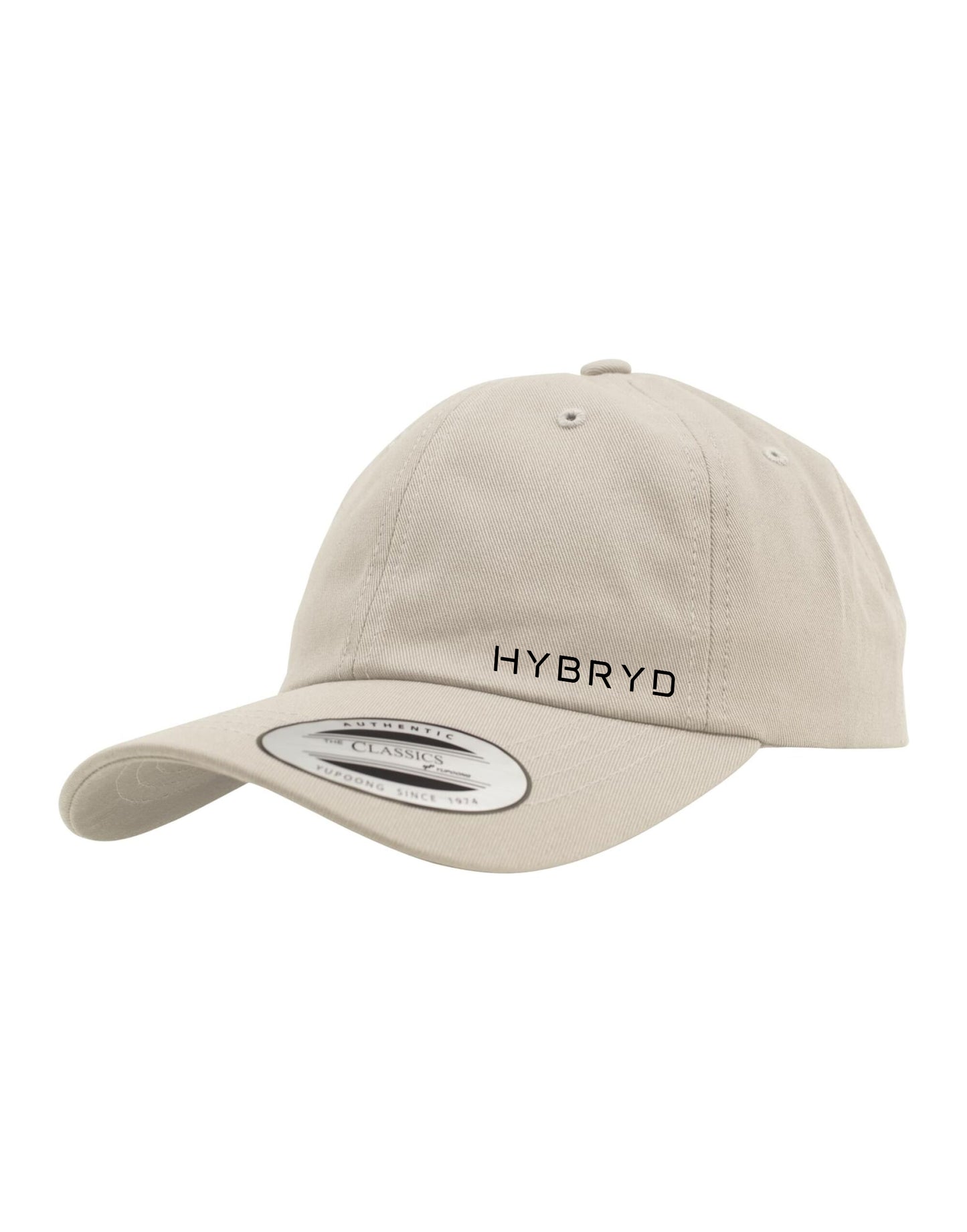 Beige cap with 'HYBRYD' logo on a white background
