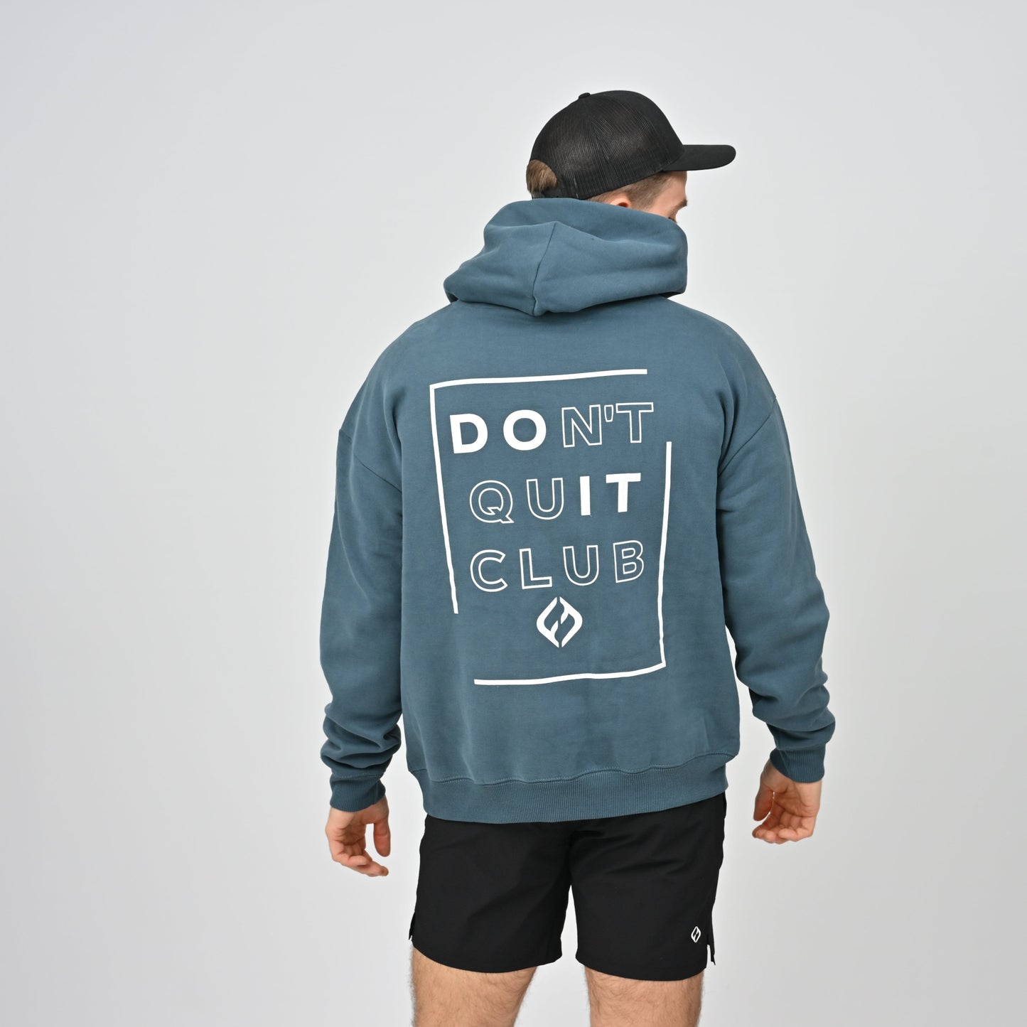 Gym hoodie in teal with don't quit club on the back