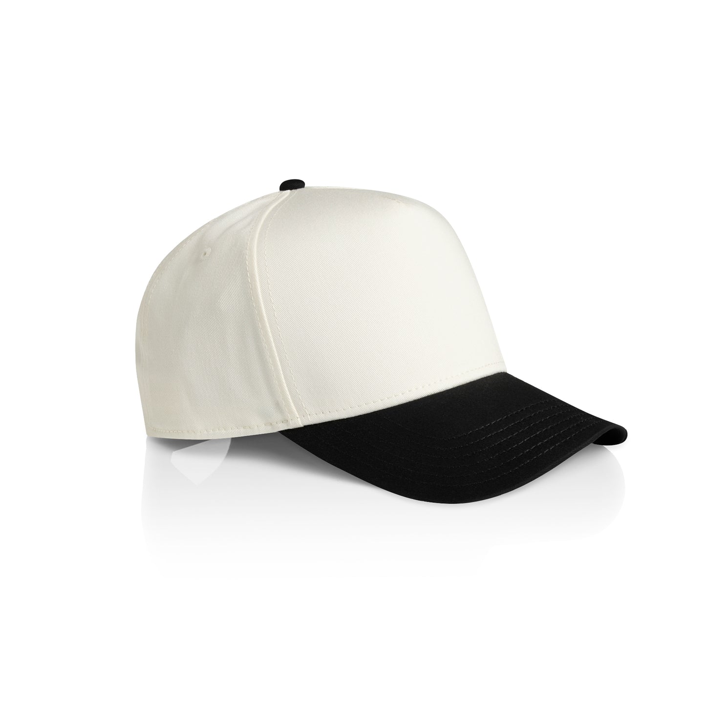 A baseball cap with an off-white crown and a black curved brim, shown from a three-quarters angle on a white background with a soft reflection. From activewear brand Hybryd.