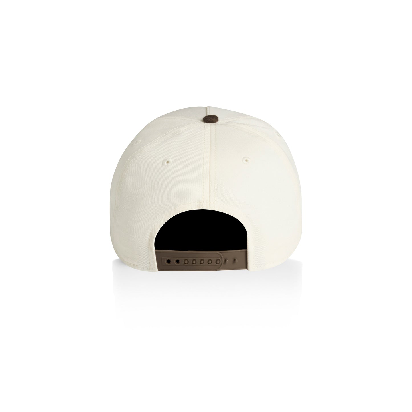 The back view of a structured baseball cap in off-white, featuring a brown button on top, ventilation eyelets, and a brown adjustable snapback closure band. From gymwear brand Hybryd.