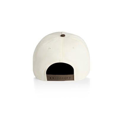 The back view of a structured baseball cap in off-white, featuring a brown button on top, ventilation eyelets, and a brown adjustable snapback closure band. From gymwear brand Hybryd.