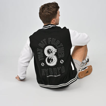 Hybryd college jacket with shigoto dragon that bit further print on the back.